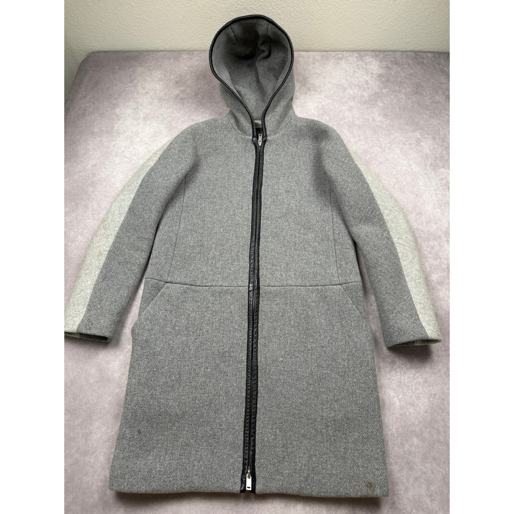 J.Crew Stadium Cloth by Nello Gori Women 00 Gray Wool Hood Zip Coat Leather Trim